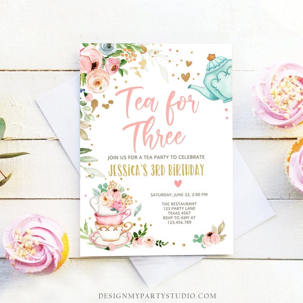 Editable Tea for Three Birthday Invitation Girl Tea Party Invite Pink Gold Floral 3rd Birthday Par-tea Download Printable Corjl 0349