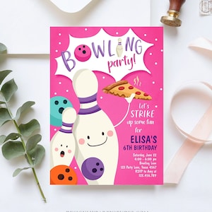 Editable Bowling Birthday Invitation Strike Up Some Fun Girl Bowling Party Pizza Pink Purple Instant Download Printable Template Corjl 0324