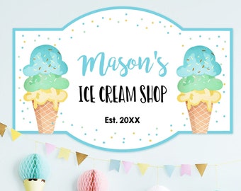Bewerkbaar bord ijssalon ijs verjaardag Welkom ijssalon jongen zomerfeest blauw geel zomer digitale sjabloon afdrukbaar 0243