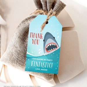 Bearbeitbare Hai Geburtstag Favor Tags Hai Gefälligkeiten Danke Tags Fintastic Shark Party unter dem Meer Jawsome Ocean Boy Corjl Vorlage 0089