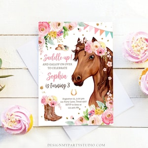 Editable Horse Birthday Invitation Girl Saddle Up Watercolor Cowgirl Party Horse Invite Pink Floral Download Printable Template Corjl 0408