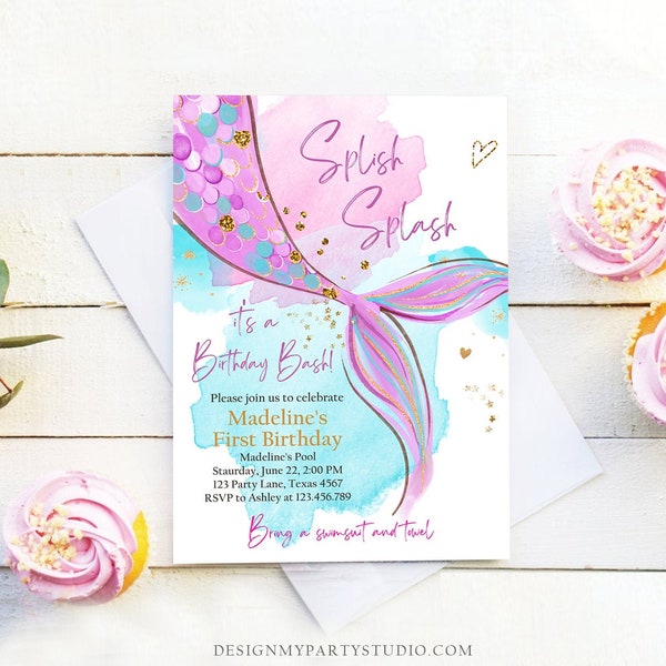 Editable Mermaid Birthday Party Invitation Girl Pink Purple Gold Mermaid Birthday Under The Sea Download Printable Template Corjl 0403