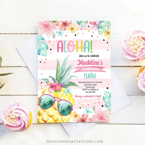 Editable Hawaiian Luau Birthday Invitation Pineapple Birthday Party Pool Party Pineapple Pink Girl Download Corjl Template Printable 0391