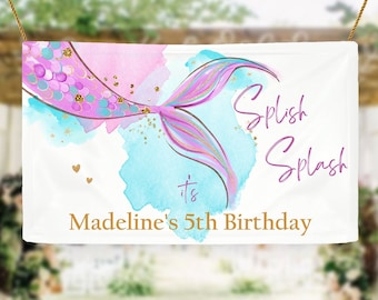Bearbeitbare Mermaid Backdrop Banner Mermaid Geburtstagskind Rosa Lila Gold Aquarell unter dem Meer Digital Download Template Printable 0403