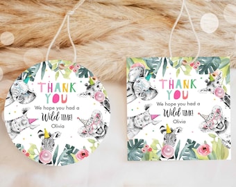 Editable Party Animals Favor Tag Wild One Animals Thank You Gift Safari Animals Birthday Wild Time Stickers Digital Template Printable 0322