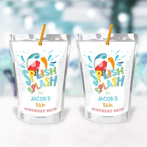 Bearbeitbares Splish Splash Geburtstags-Saft-Beutel-Etikett Juice Favors Pool Party Boy Splash Bash Strand Digitaler Download Vorlage zum Ausdrucken 0169