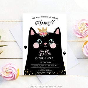 Editable Kitten Birthday Invitation Kitty Cat birthday Party Cat Invite Are You Kitten Me Black Girl Download Printable Digital Corjl 0381