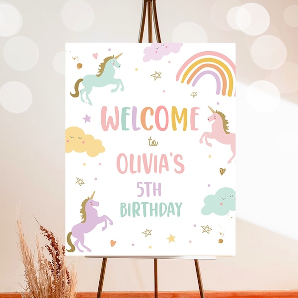 Editable Unicorn Welcome Sign Pastel Unicorn Birthday Door Sign Rainbow Girl Magical Party Sign Poster Pink Template PRINTABLE Corjl 0426