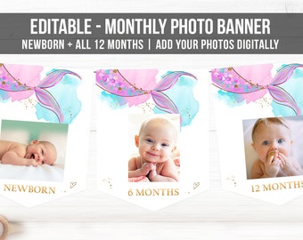 Banner fotografico mensile a tema sirena modificabile, banner di compleanno a tema sirena, primo compleanno a tema "Sotto il mare", modello digitale scaricabile e stampabile 0403
