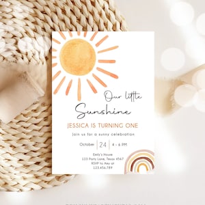 Invito di compleanno modificabile Our Little Sunshine 1° compleanno Sunshine Neutral Boho Scarica modello stampabile Invito digitale 0431