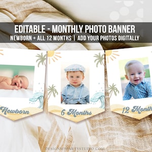 Banner di compleanno a tema surf modificabile, banner fotografico mensile per il primo compleanno del bambino, festa a tema surf, tavola da surf, stile retrò, spiaggia, modello digitale stampabile 0433