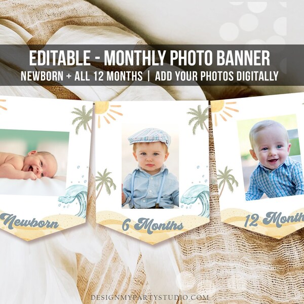 Banner di compleanno a tema surf modificabile, banner fotografico mensile per il primo compleanno del bambino, festa a tema surf, tavola da surf, stile retrò, spiaggia, modello digitale stampabile 0433