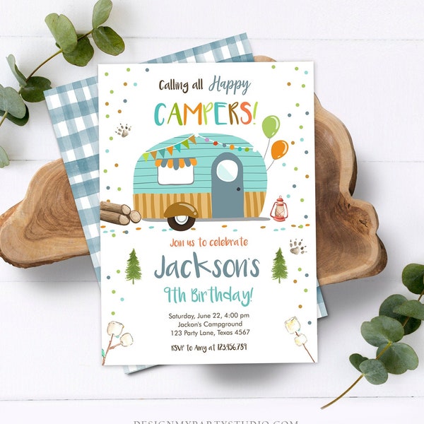 Editable Happy Camper Birthday Invitation Boy Birthday Camping Party S'more Forest Glamping Download Printable Template Digital Corjl 0342