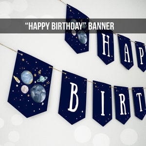 Happy Birthday Banner Outer Space Planets Banner Boy Galaxy First Birthday Decorations Rocket Instant download PRINTABLE DIGITAL DIY 0357