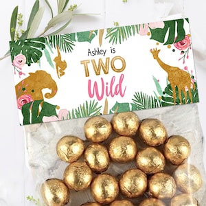 Editable Two Wild Treat Bag Toppers Safari Animals Girl Second Birthday 2nd Party Animals Gold Jungle Zoo Digital Template Printable 0016