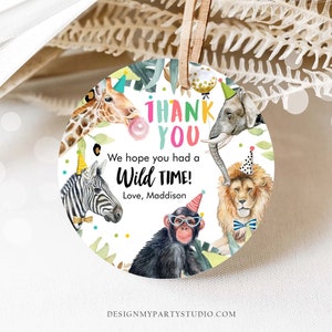 Editable Party Animals Favor Tags Wild One Animals Thank You Tags Safari Zoo Girl Birthday Wild Time Sticker Tag Digital Corjl Template 0417