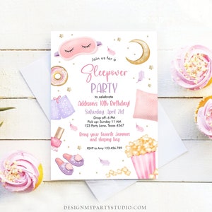 Editable Slumber Party Birthday Invitation Sleepover Birthday Invite Pink Girl Spa Tween Teen Digital Download Printable Template Corjl 0447