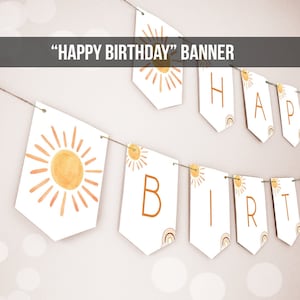 Sun Happy Birthday Banner First Trip Around the Sun Bunting Sunshine Banner Sunshine Birthday Decor Neutral Garland Digital Printable 0431