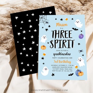 Editable Halloween Birthday Invitation Boy Blue Ghost Three Spirit 3rd Birthday Party Spooktacular Spooky Printable Template Corjl 0009 0418