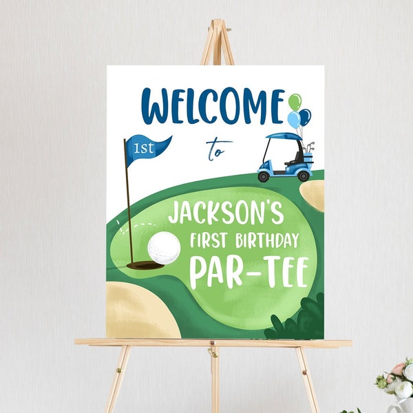 Editable Golf Birthday Welcome Sign 1st Birthday Boy Hole in One Party First Birthday Par-Tee Golfing Golf Template PRINTABLE Corjl 0405