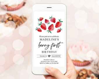 Editable Berry First Birthday Evite Electronic Strawberry Birthday Berry Sweet Strawberries 1st Digital Phone Template Corjl Digital 0399