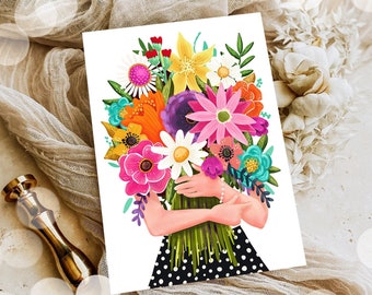 Tarjeta de feliz cumpleaños con flores, tarjeta de felicitación de cumpleaños floral, colorida, para mujer, madre, abuela, amiga, 5 x 7, descarga instantánea e imprimible digital