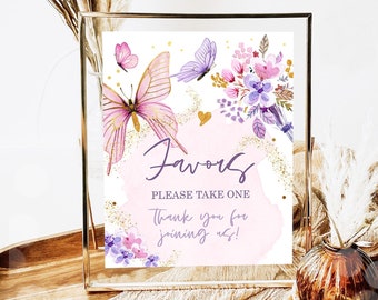 Favors Butterfly Sign Birthday Baby Shower Sign Floral Butterfly Watercolor Table Decor Girl Pink Instant Download Printable 0437