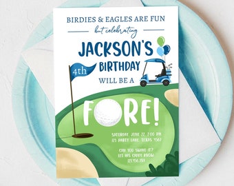 Editable Fore Golf Birthday Invitation Golf Fourth Birthday 4th Par-tee Golf Boy Golfing Digital Download Evite Template Printable 0405
