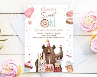 Editable Sweet One Birthday Invitation First Birthday Party 1st Girl Donut Ice Cream Animals Digital Download Printable Template Corjl 0373