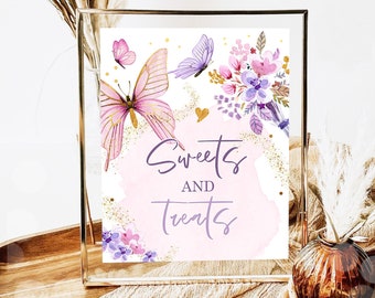 Schmetterling Geburtstag Süßigkeiten und Leckereien Zeichen Blumen Schmetterling-Baby-Dusche favor Zeichen Signage Gefälligkeiten Tabelle Dekor Instant Download druckbare 0437
