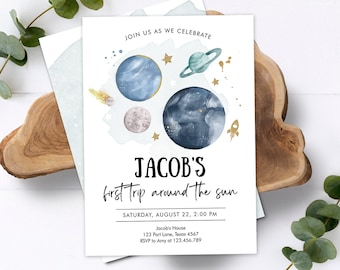 Editable Outer Space First Birthday Invitation Galaxy Blast Off First Trip Around the Sun Download Printable Template Digital Corjl 0357