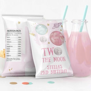 Editable Outer Space Chip Bag Two The Moon Watercolor Space 2nd Birthday Party Decor Girl Astronaut Galaxy Favor Digital Corjl Template 0357