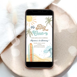 Invitación editable para el primer cumpleaños de The Big One Surf, fiesta en la playa con tabla de surf retro, invitación bohemia para surfistas, descarga la plantilla Corjl Digital 0433