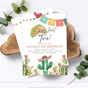 Editable Taco Bout Two Birthday Invitation ANY AGE Girl Boy Cactus Fiesta Mexican Second Birthday Download Printable Corjl Template 0404