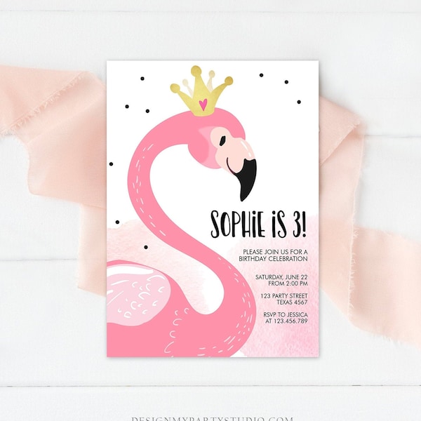 Bearbeitbare Flamingo Geburtstagseinladung Tropische Party einladen Mädchen Sommer Rosa Goldkrone Sofortiger Download druckbare Vorlage Corjl-0019