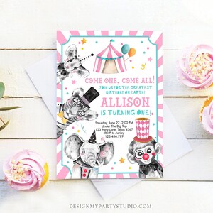 Editable Circus Birthday Invitation Girl Pink Circus Animals Invitation Carnival Invite Download Printable Template Digital Corjl 0355