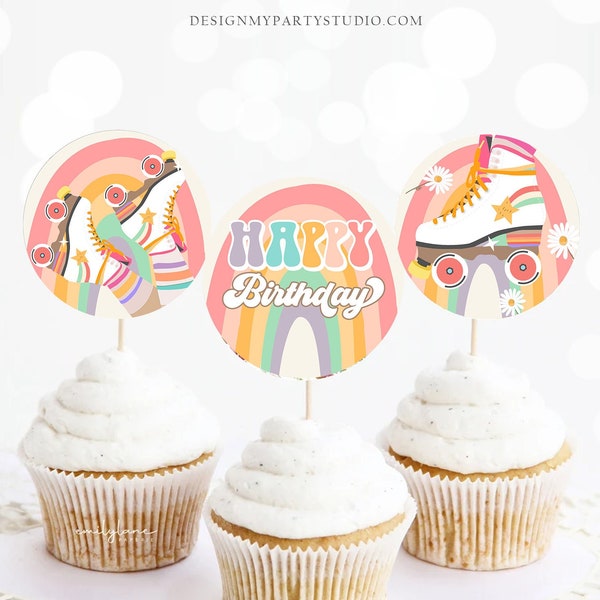 Roller Skate Cupcake Toppers Skate Birthday Favor Tags Retro Daisy Roller Rink Party Decor Rainbow Hippie Download Digital PRINTABLE 0435