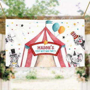 Editable Carnival Backdrop Banner Circus Birthday Boy Circus Welcome Big Top Party Decor Animals Digital Download Template Printable 0355