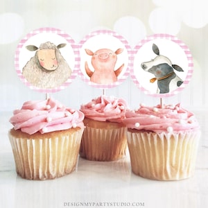 Farm Animals Cupcake Toppers Baby Shower Favor Tags Birthday Party Decoration Barnyard Girl Pink Stickers Digital Download Printable 0155