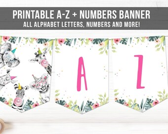 Safari Party Animals Birthday Banner A-Z Alphabet Numbers Banner First 1st Girl Safari Animals Decor Digital Download Printable 0322
