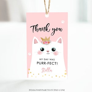Editable Kitten Birthday Favor Tags Kitty Birthday Thank you Label Cat Party Gift Tags Girl Pink Purrfect Digital Template PRINTABLE 0381