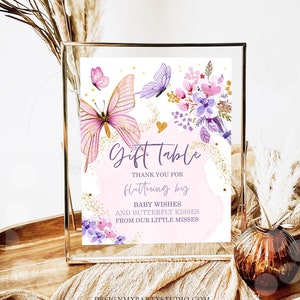 Butterflies Gift Table Sign Floral Butterfly Pink Gold Purple Butterfly Baby Shower Thank You Signage Favors Instant Download PRINTABLE 0437