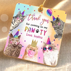Editable Cats Birthday Favor Tag Kitten Birthday Thank You Tag Stickers Girl Pawty Kitten Pet Party Animals Digital Template Printable 0460
