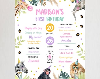 Editable Party Animals Birthday Milestones Girl Pink Sign Wild One Safari Animals Zoo First Birthday 1st Digital Template Printable 0417