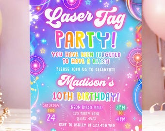 Invitación de cumpleaños editable con etiqueta láser, juego de chicas, jugadora, nivel superior, brillo neón, chica, juego épico, fiesta, diversión, plantilla digital de Evite imprimible 0568