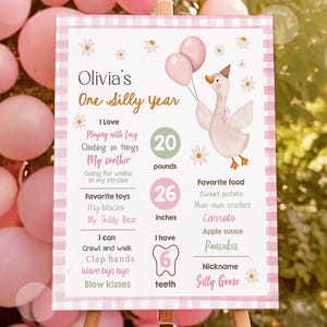 Editable One Silly Goose Birthday Milestone Sign Goose 1st Birthday Pink Girl First Year Stats Poster Farm Digital Template Printable 0540
