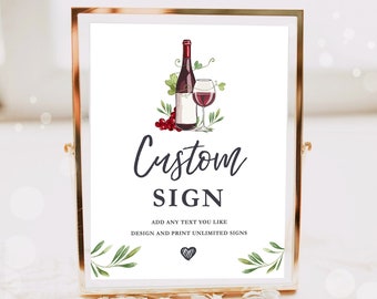 Editable Wine Custom Sign Bridal Shower Wedding Couples Birthday Party Decor Grapes Rehearsal Diner Winery Table Template PRINTABLE 0234