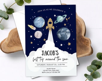 Editable Outer Space First Birthday Invitation Galaxy Blast Off First Trip Around the Sun Download Printable Template Digital Corjl 0357