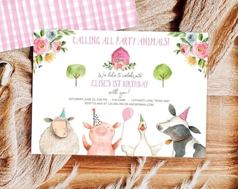 Editable Farm Birthday Invitation Girl Farm Animals Pink Barnyard Birthday Party Animals Printable Invitation Template Digital Corjl 0155