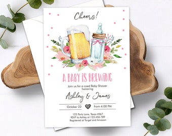 Invitation modifiable Un bébé brasse une bouteille et des bières Baby Shower Girl Cheers Coed Couples Shower Télécharger le modèle imprimable Corjl 0190